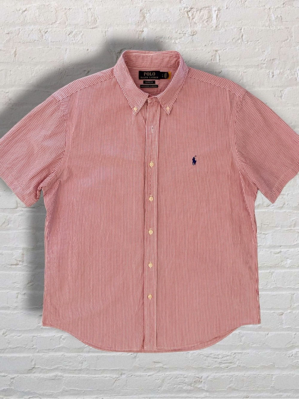 Polo Ralph Lauren Men’s Large Red White Seersucker Stripe Short Sleeve Shirt